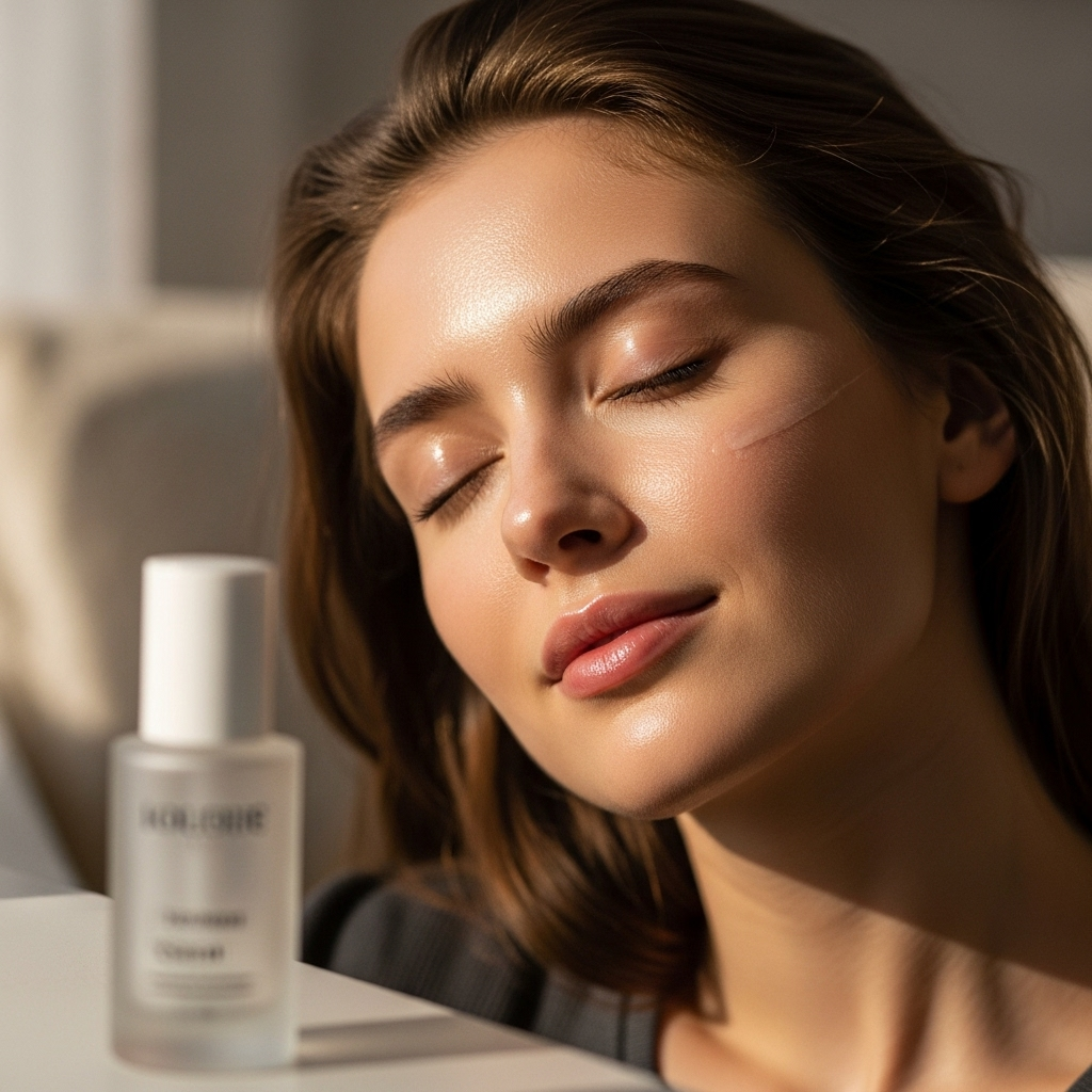 A minimalist skincare bottle on a clean background, representing the welcome product.